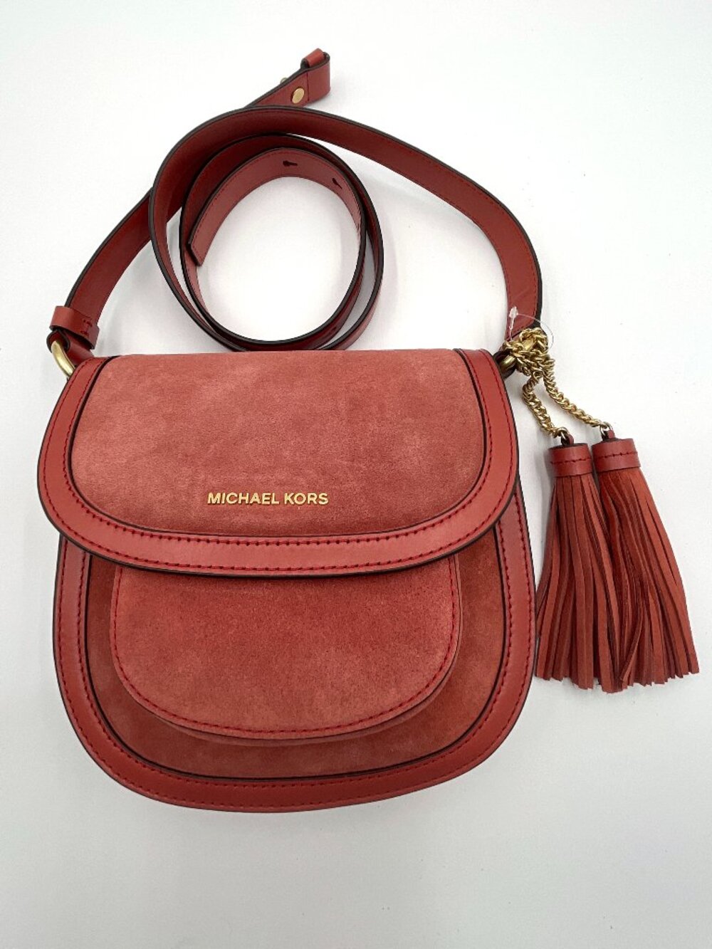 NWT Michael Kors Dunn Medium Suede & Leather Saddle Bag - Cinnamon